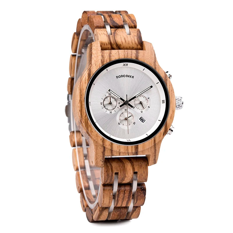 Women’s Luxury Wooden Watch with Chronograph Date and Quartz Movement