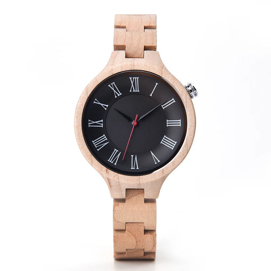 Women's Wooden Fashion Watch - Classic Retro Analog Display With Tound Face And Quartz Movement