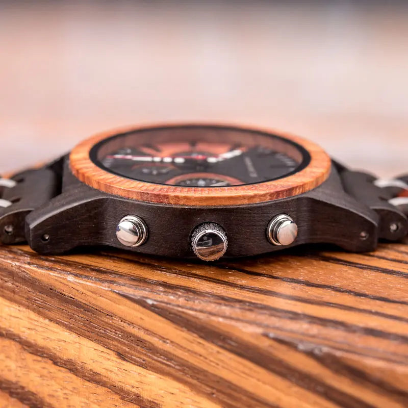 Men’s Chronographic Wooden Sports Watch - Date And Time Analog Display With Round Face