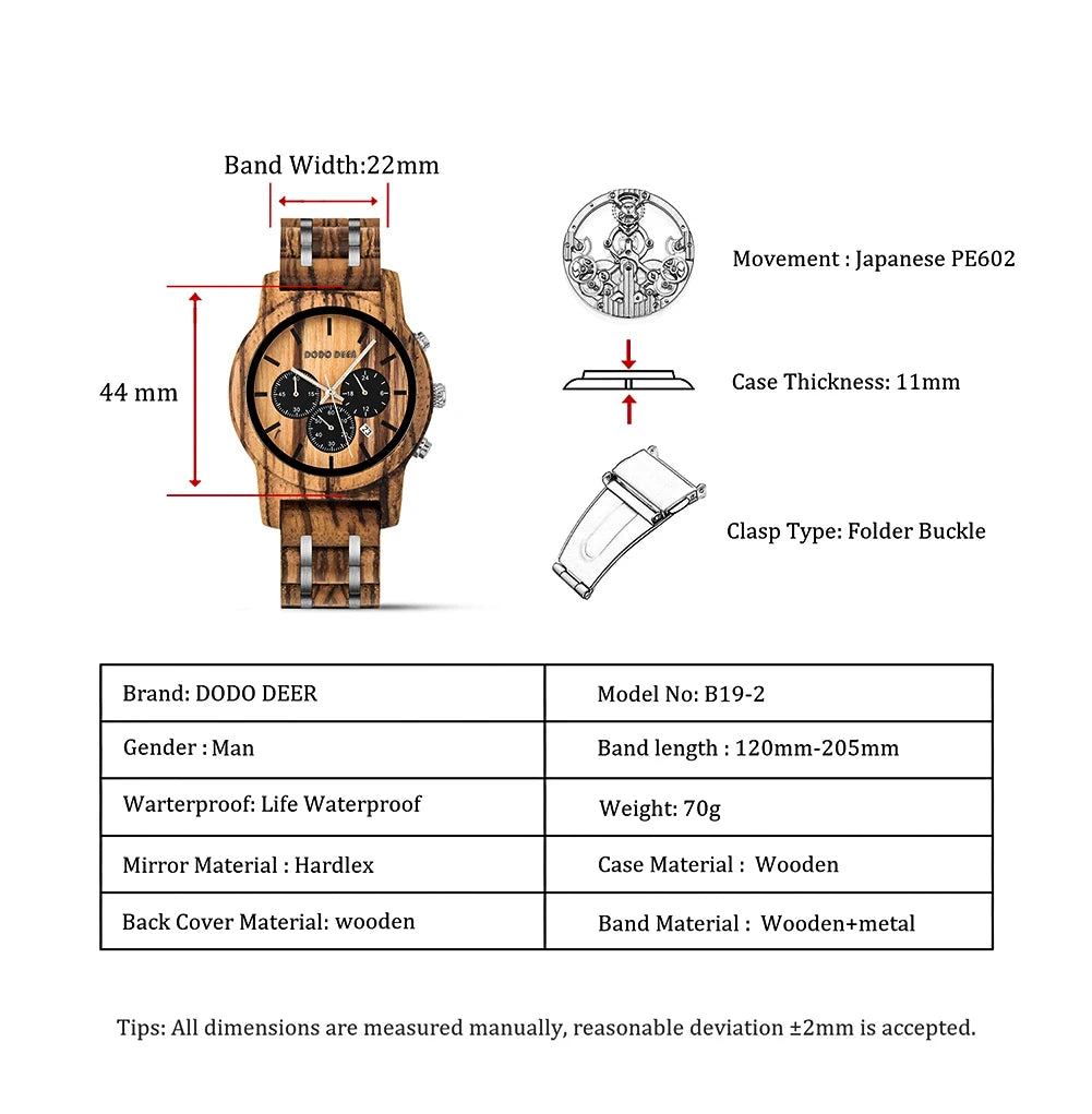 Men’s Wooden Quartz Chronographic Sports Watch - Analog Face With Luminous Hands And Time Date Display