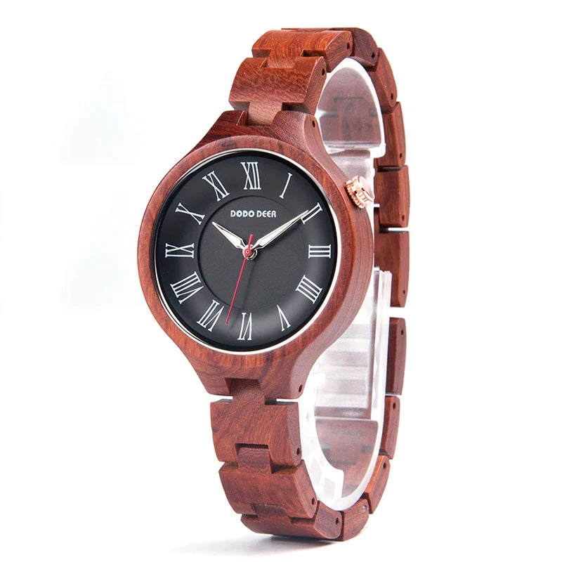 Simple Wooden Quartz Analog Wrist Watch For Women - Round Face With Roman Numerals