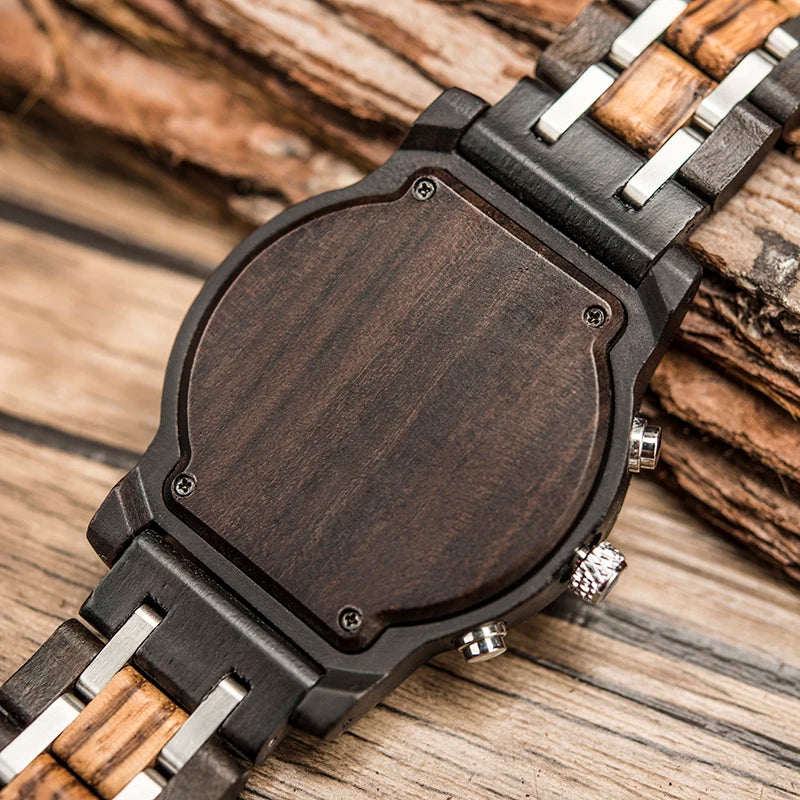 Men’s Wooden Quartz Chronographic Sports Watch - Analog Face With Luminous Hands And Time Date Display