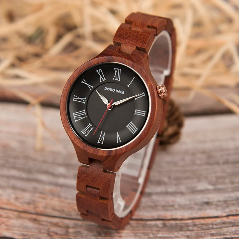 Simple Wooden Quartz Analog Wrist Watch For Women - Round Face With Roman Numerals