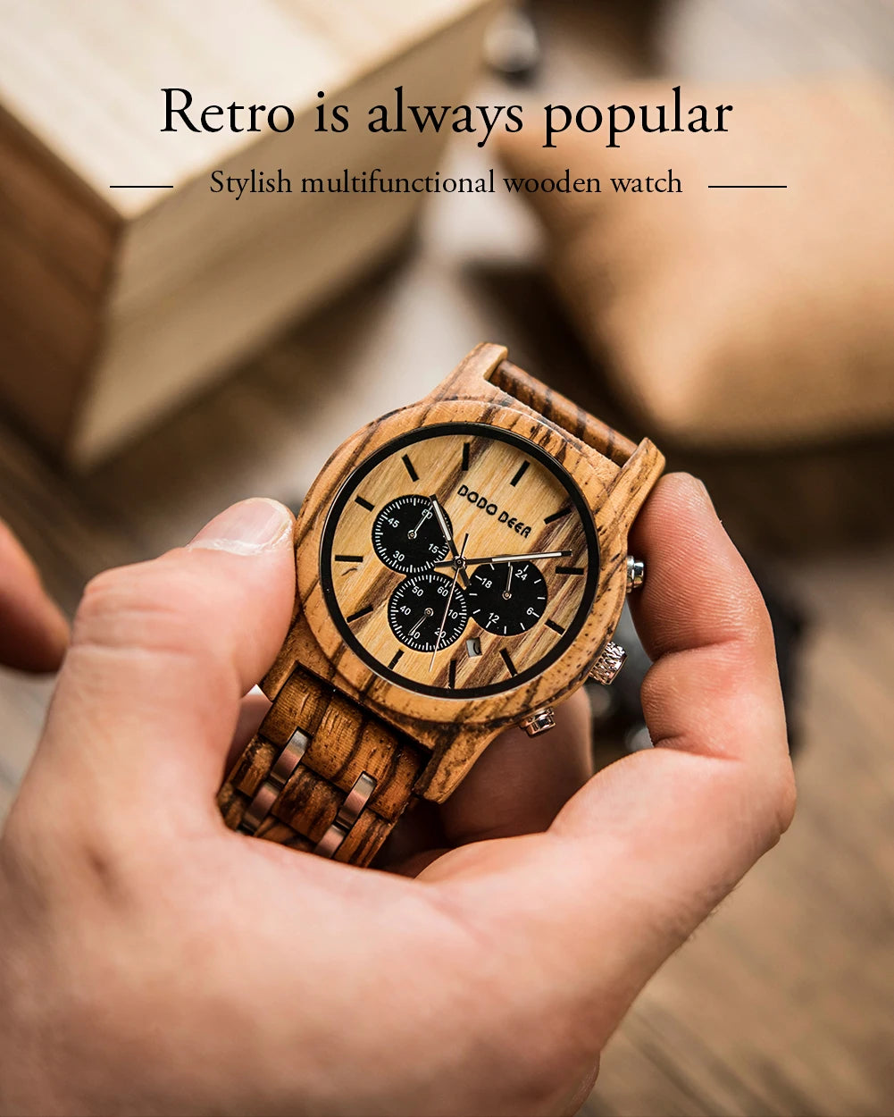 Men’s Wooden Quartz Chronographic Sports Watch - Analog Face With Luminous Hands And Time Date Display