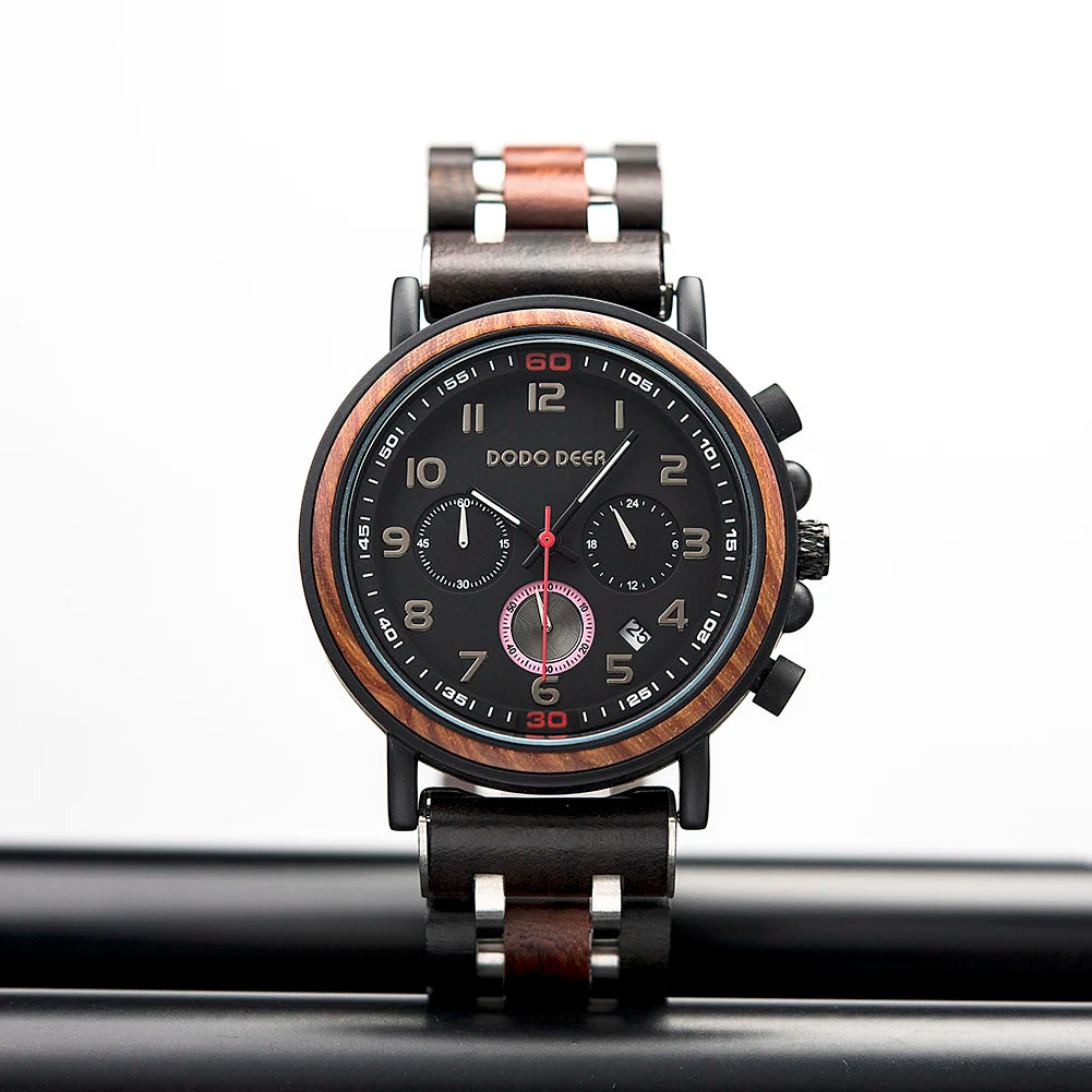 Classic Fashion Men’s Wooden Watch - Red Sandalwood Chronograph Quartz Movement Wristwatch