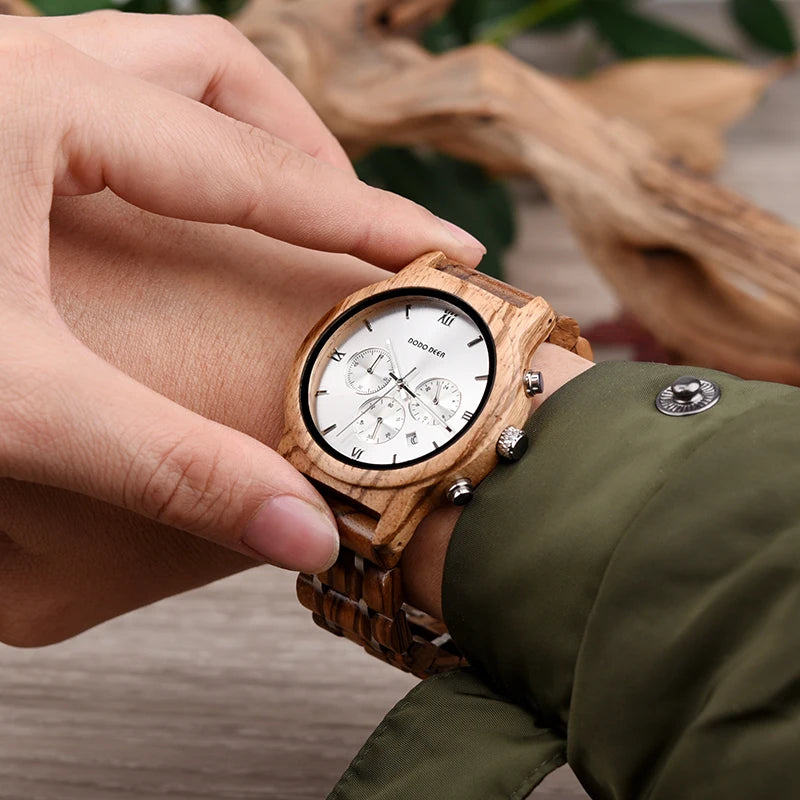 Men’s Classic Sports Wooden Watch - Round Analog Face With Date Display