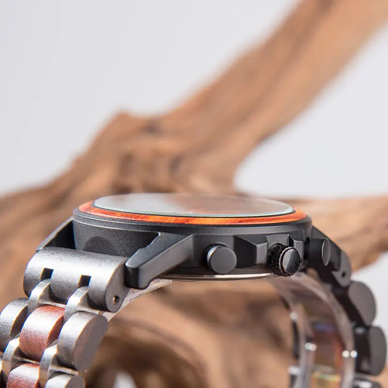 Men’s Stainless Steel And Wood Wrist Watch - Chronographic Sports Face With Analog Date And Time Display