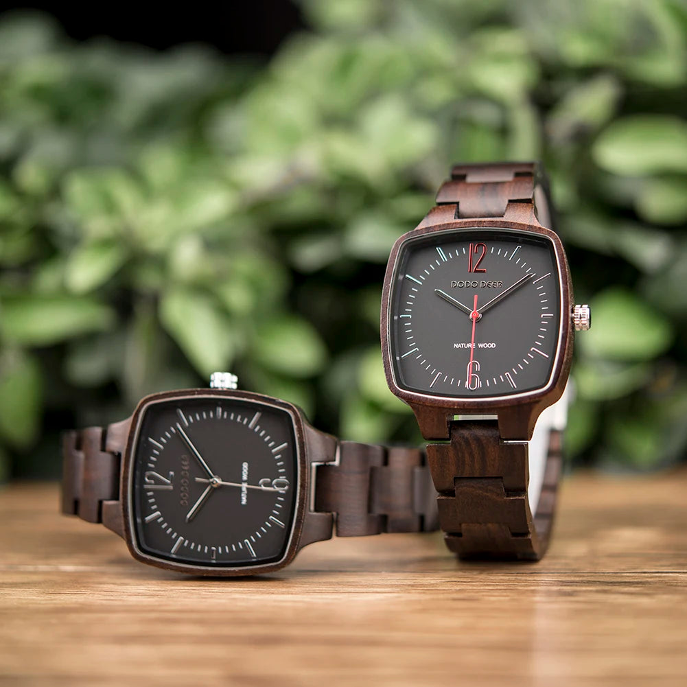 Retro Unisex Wooden Watch for Men or Women - Square Analog Face Unique Hands