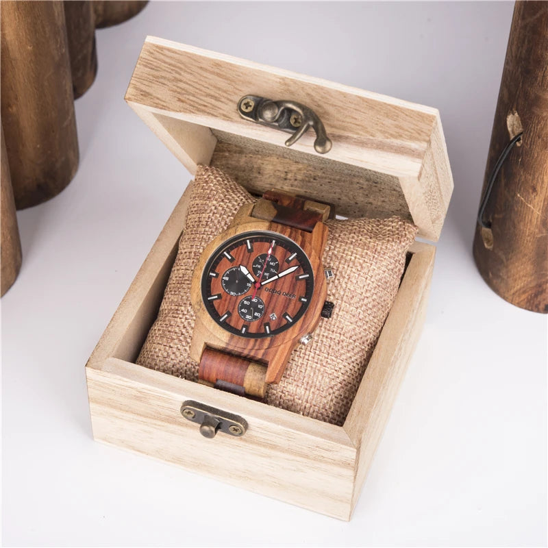 Men’s Quartz Wooden Watch With Luminous Hands And Round Face - Sports Style Wristwatch With Analog Time And Date Display