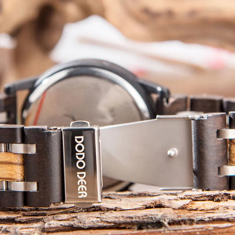 Men’s Stainless Steel And Wood Wrist Watch - Chronographic Sports Face With Analog Date And Time Display