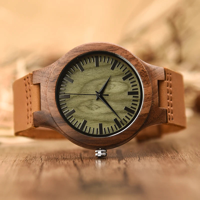 Mens Wooden Face Watch With Leather Wristband - Simple Rustic Timepiece