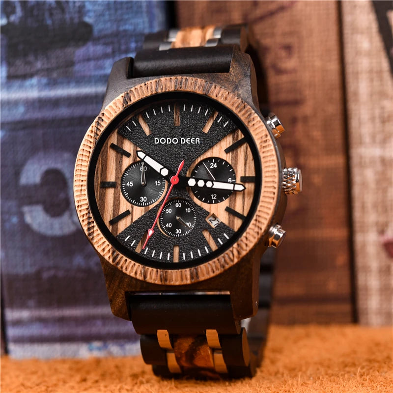 Classic Wood Stop Watches for Men Quartz Wristwach Male Display Date Chronograph Complete Calendar Gift Box Wholesale Dropship