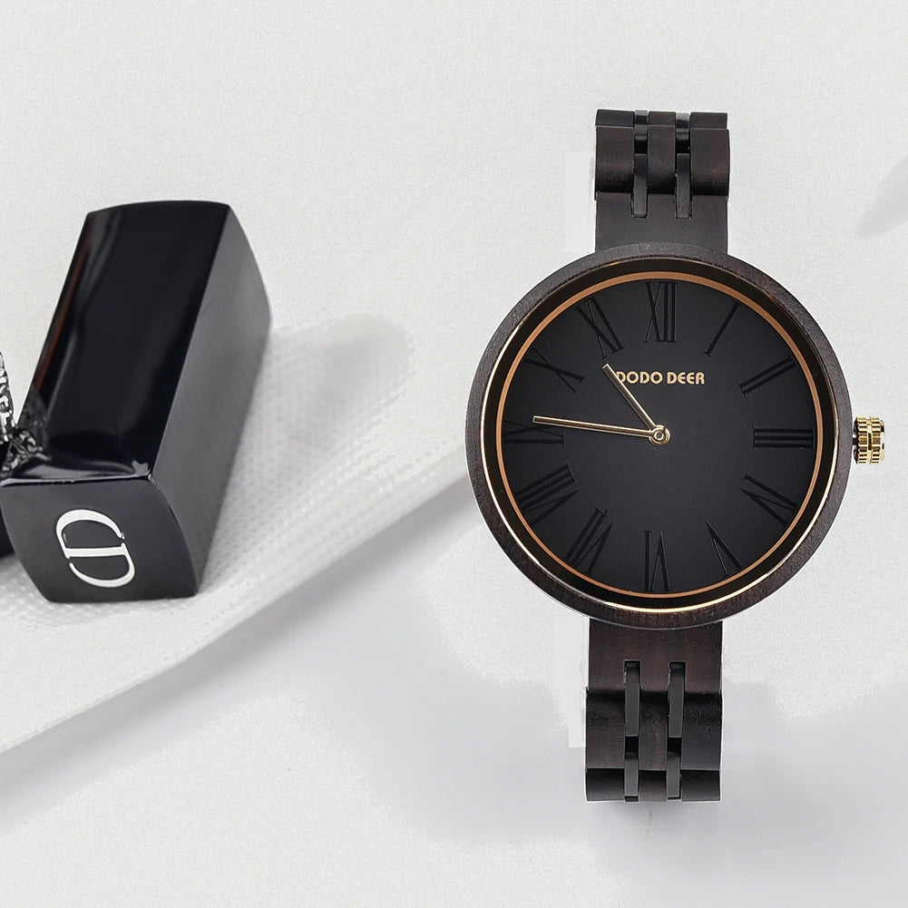 Fashion Ebony Wooden Watch For Women - Round Analog Face With Roman Numerals