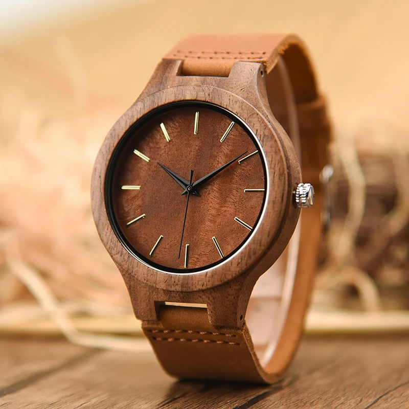 Mens Wooden Face Watch With Leather Wristband - Simple Rustic Timepiece