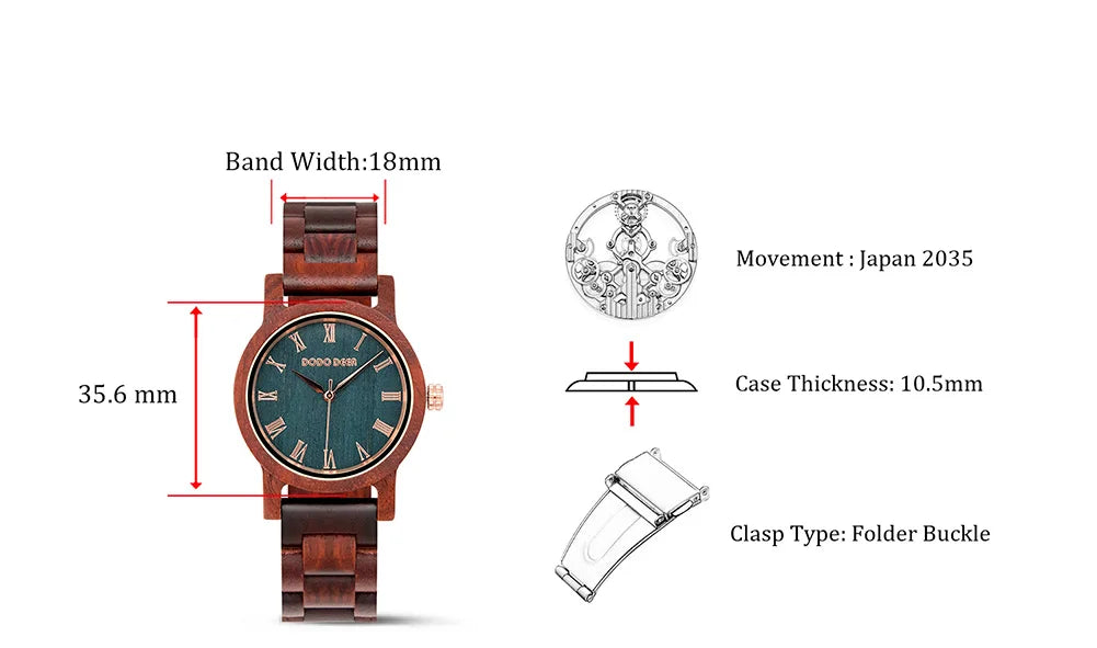 Ladies Watch With Real Wood Wristband - Analog Quartz Wristwatches For Women Women With Roman Numeral Face