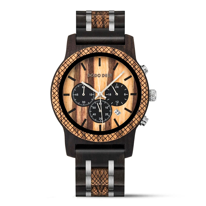 Men’s Wooden Quartz Chronographic Sports Watch - Analog Face With Luminous Hands And Time Date Display