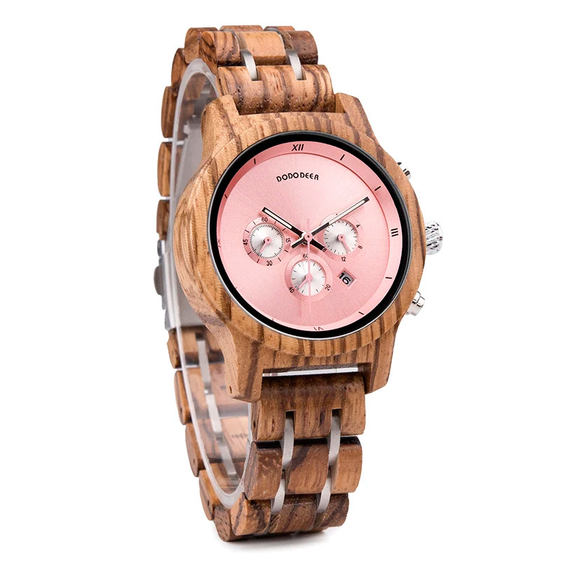 Women’s Luxury Wooden Watch with Chronograph Date and Quartz Movement