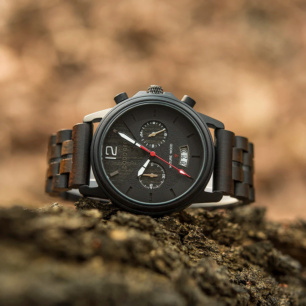 Men’s Classic Fashion Ebony Wooden Quartz Movement Wristwatch - Auto Date Calendar Display