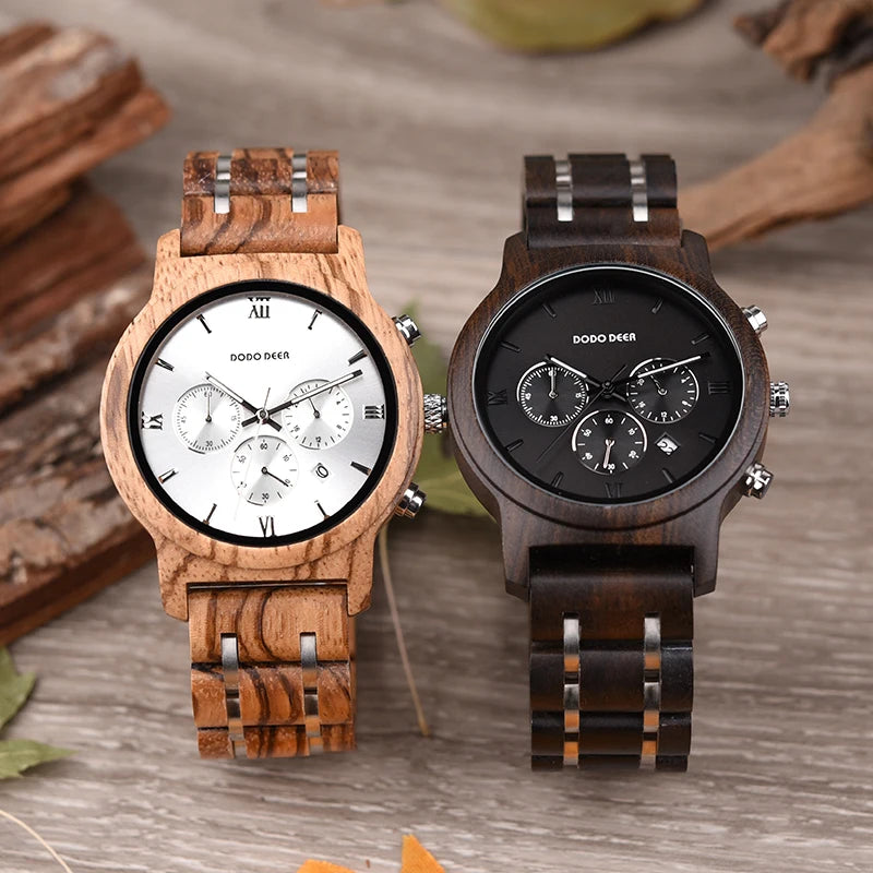Men’s Classic Sports Wooden Watch - Round Analog Face With Date Display