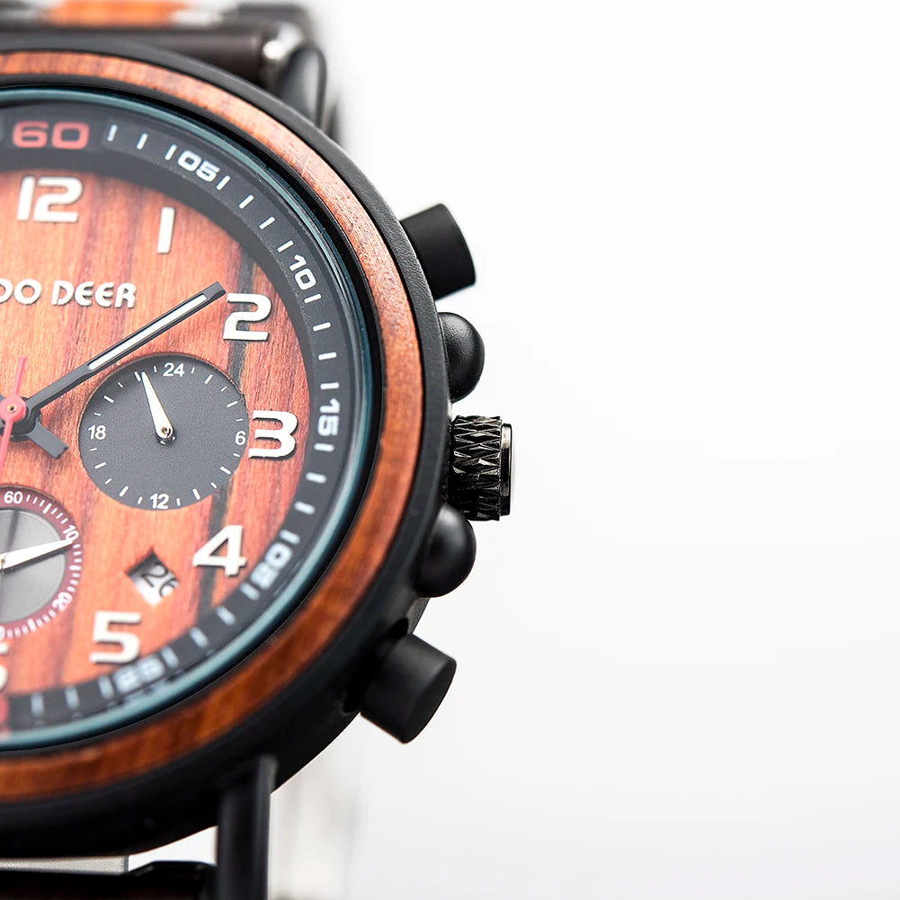 Classic Fashion Men’s Wooden Watch - Red Sandalwood Chronograph Quartz Movement Wristwatch