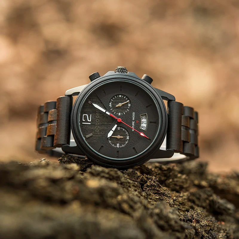 Men’s Classic Fashion Ebony Wooden Quartz Movement Wristwatch - Auto Date Calendar Display