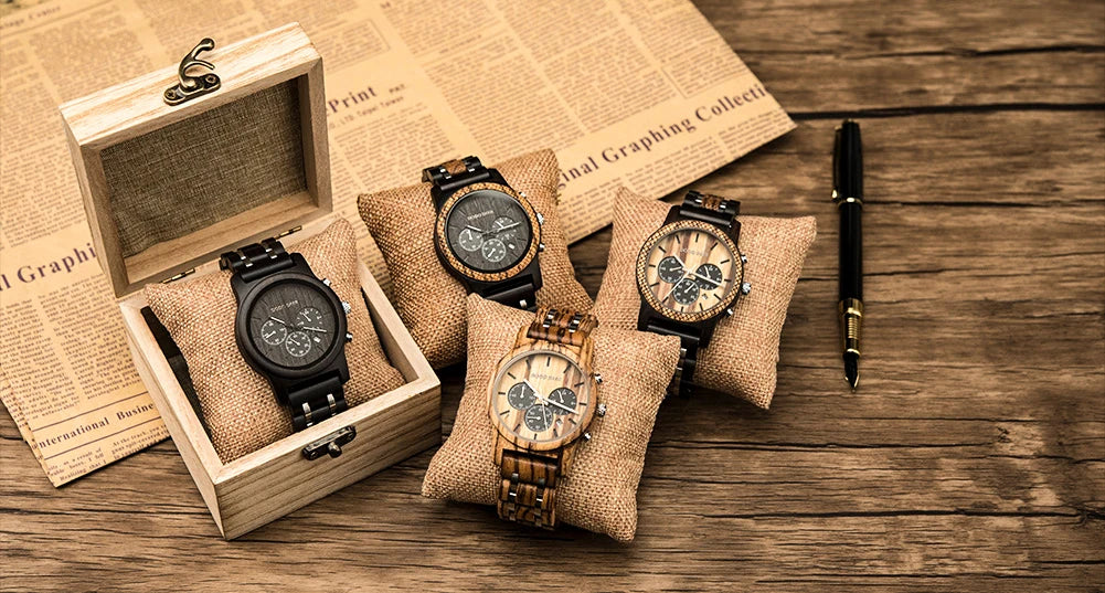 Mens Quartz Movement Wooden Wristwatch - Chronograph Luxury Stopwatch Auto Date Timepiece