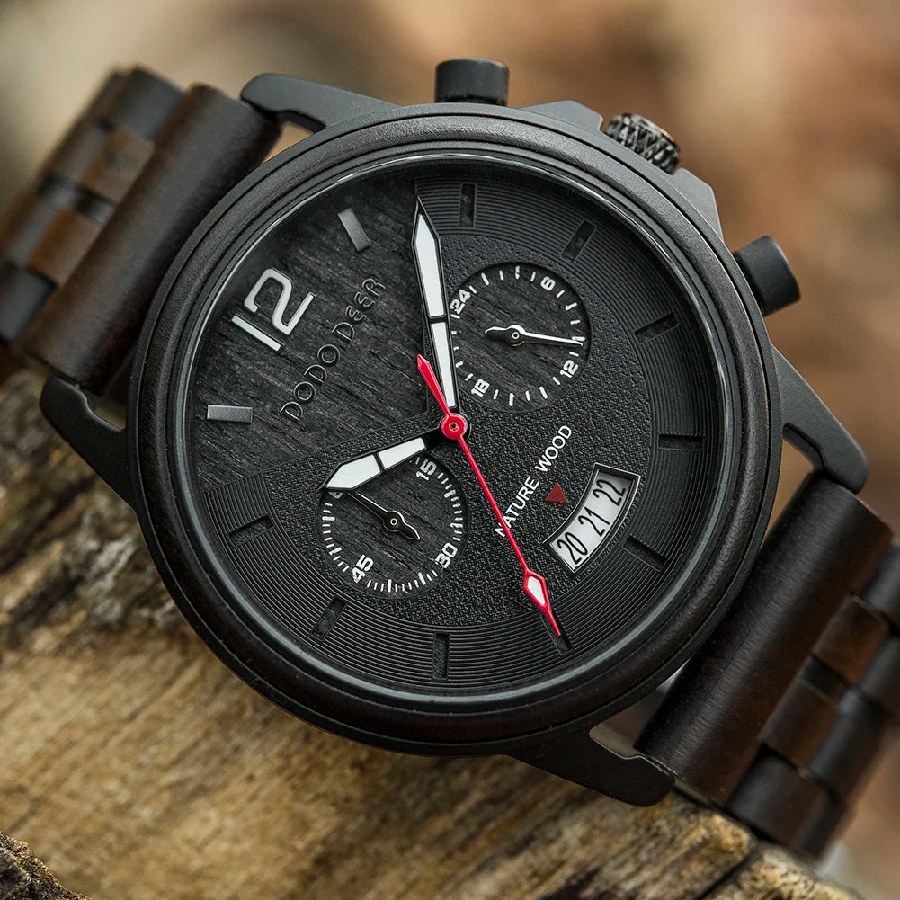 Men’s Classic Fashion Ebony Wooden Quartz Movement Wristwatch - Auto Date Calendar Display