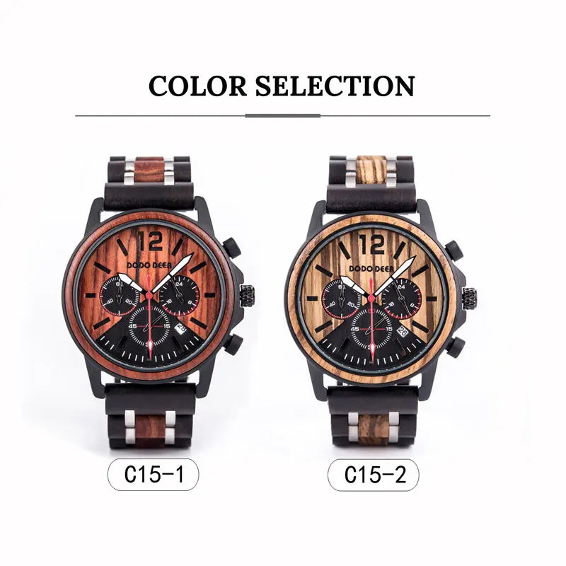 Men’s Stainless Steel And Wood Wrist Watch - Chronographic Sports Face With Analog Date And Time Display