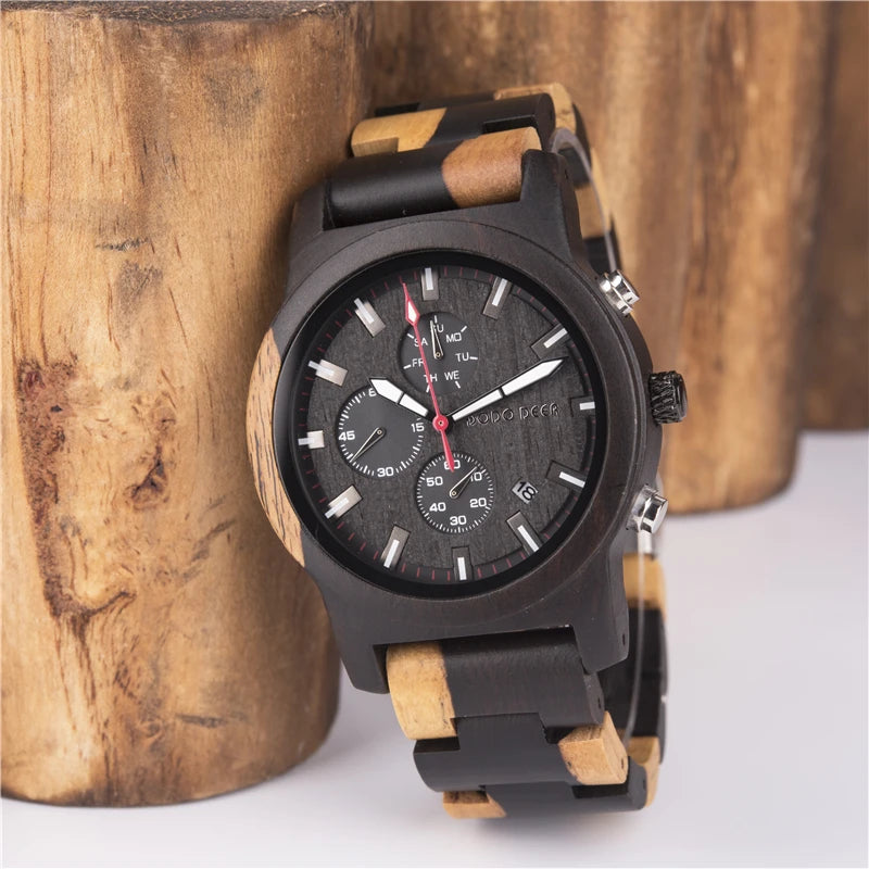 Men’s Quartz Wooden Watch With Luminous Hands And Round Face - Sports Style Wristwatch With Analog Time And Date Display
