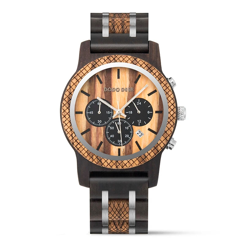 Mens Quartz Movement Wooden Wristwatch - Chronograph Luxury Stopwatch Auto Date Timepiece