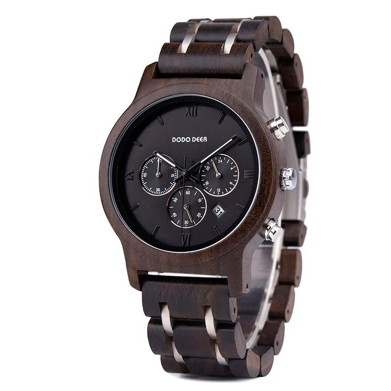 Men’s Classic Sports Wooden Watch - Round Analog Face With Date Display