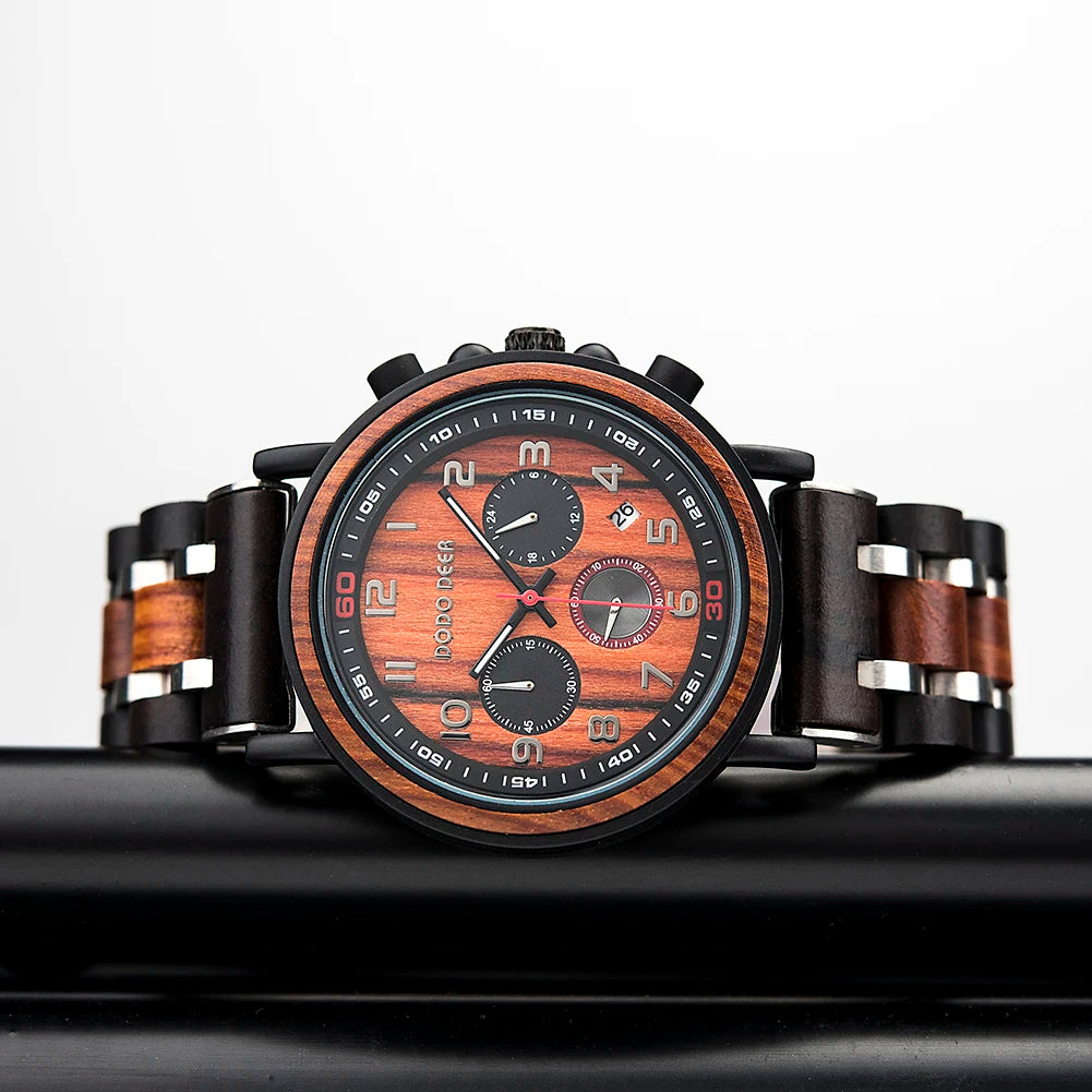 Classic Fashion Men’s Wooden Watch - Red Sandalwood Chronograph Quartz Movement Wristwatch