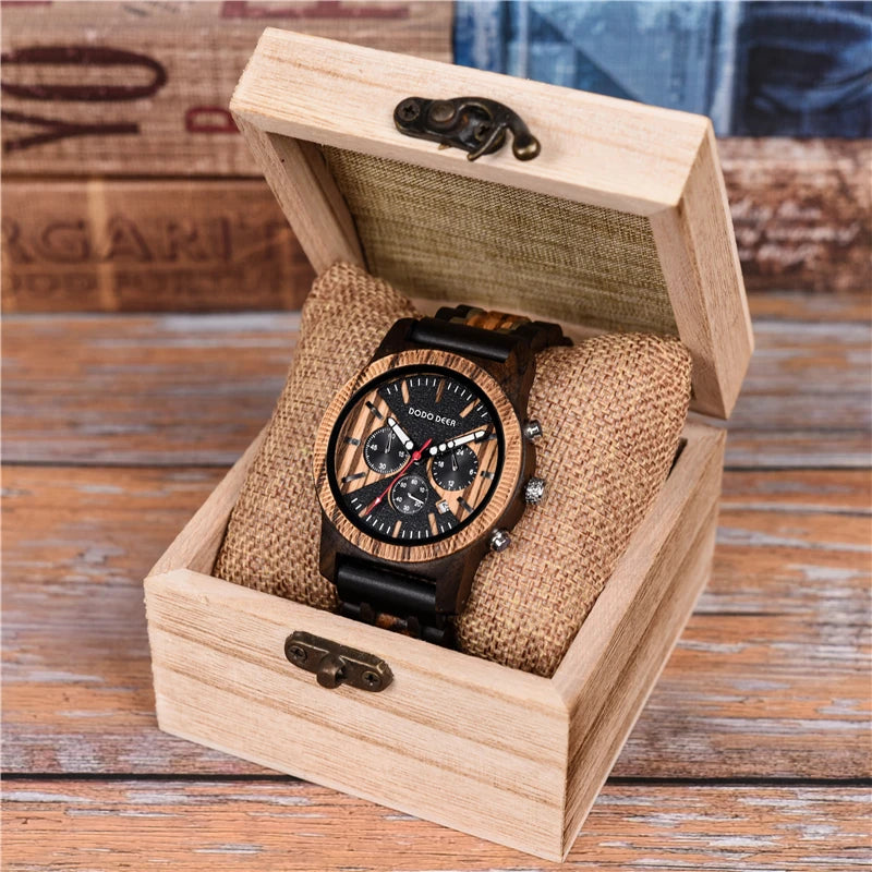 Men’s Chronographic Wooden Sports Watch - Date And Time Analog Display With Round Face