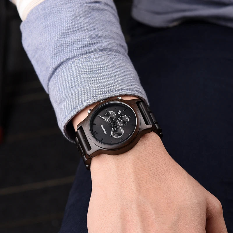 Men’s Classic Sports Wooden Watch - Round Analog Face With Date Display