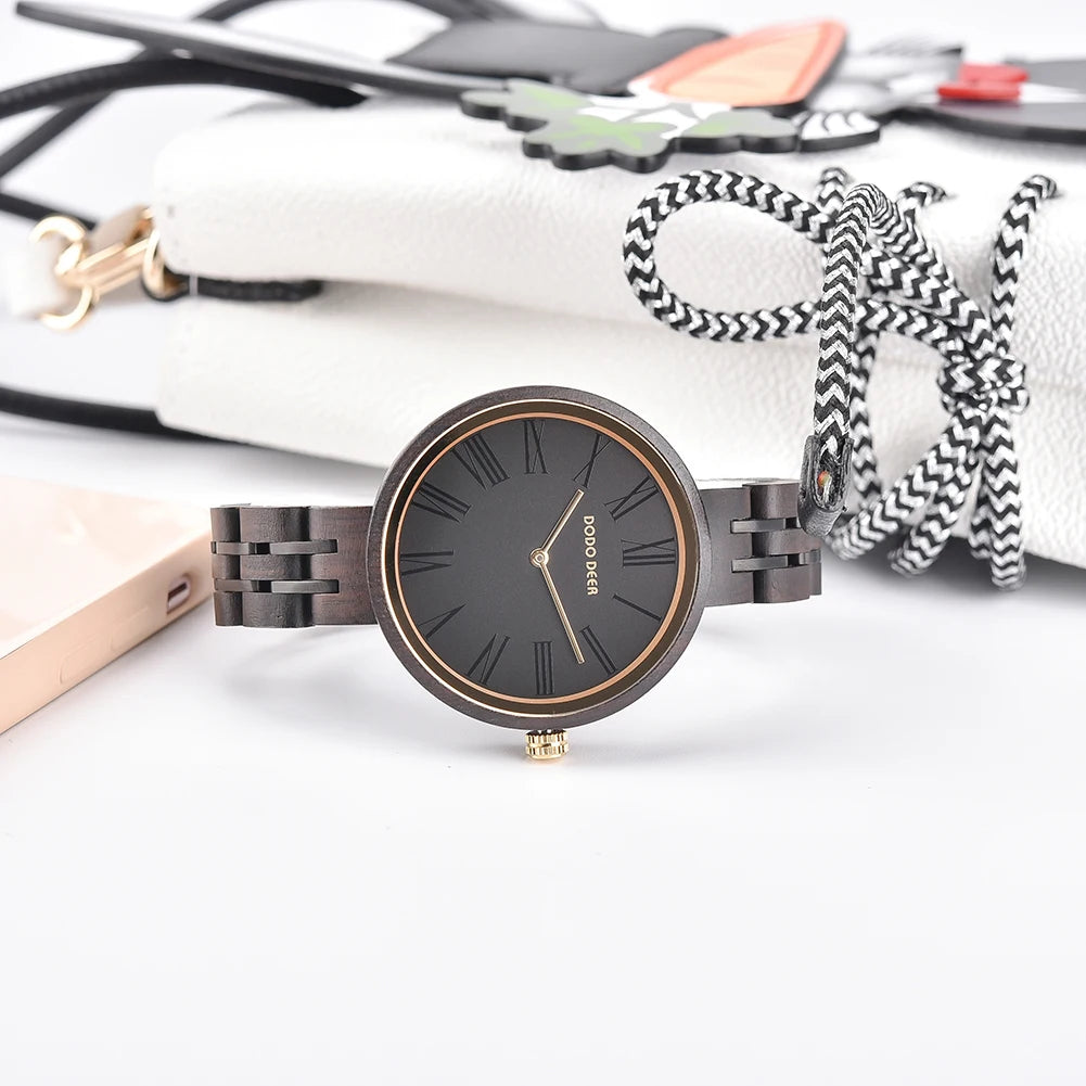Fashion Ebony Wooden Watch For Women - Round Analog Face With Roman Numerals