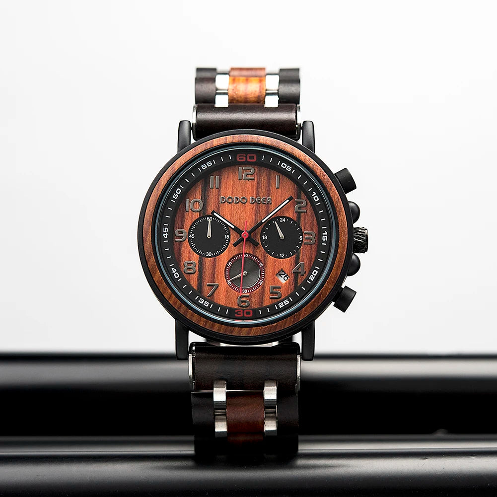 Classic Fashion Men’s Wooden Watch - Red Sandalwood Chronograph Quartz Movement Wristwatch