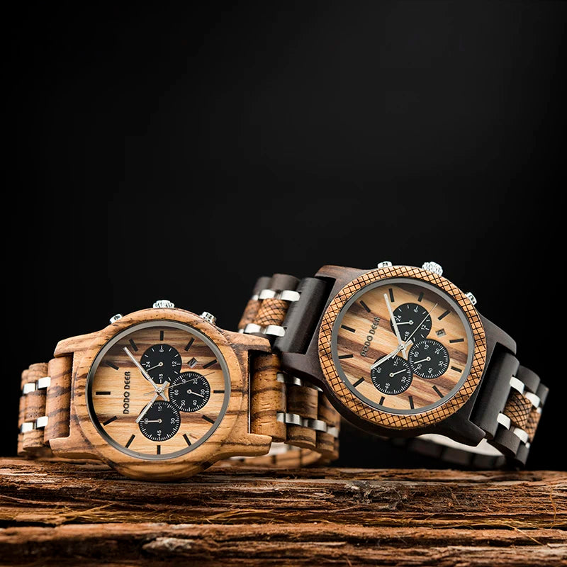 Mens Quartz Movement Wooden Wristwatch - Chronograph Luxury Stopwatch Auto Date Timepiece