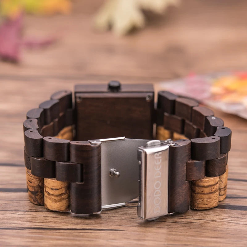 Ladies Wooden Watch With Square Analog Face - Quartz Movement And Retro Display