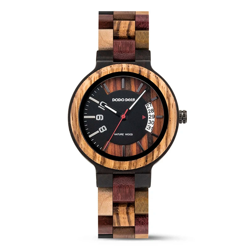 Women’s Fashion Quartz Wristwatches - Analog Face With Date Display - Real Wood Colorful Banded Timepiece For Ladies