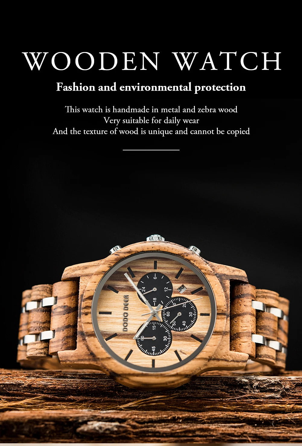 Men’s Wooden Quartz Chronographic Sports Watch - Analog Face With Luminous Hands And Time Date Display