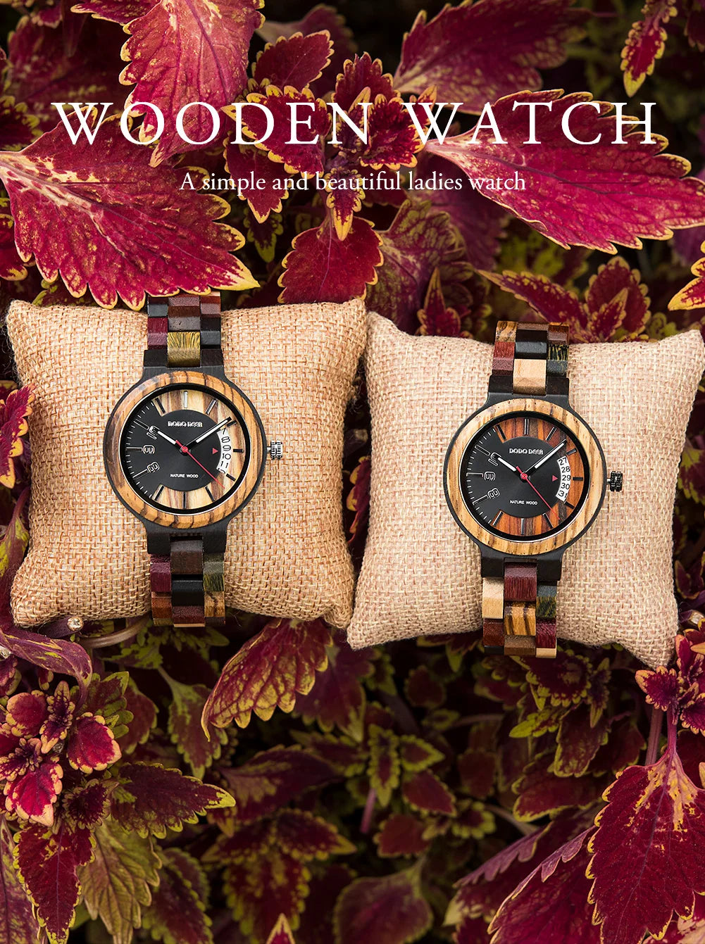 Women’s Fashion Quartz Wristwatches - Analog Face With Date Display - Real Wood Colorful Banded Timepiece For Ladies