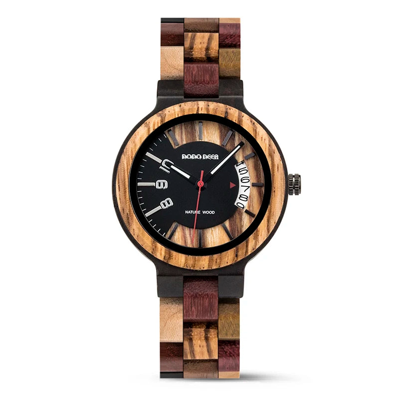 Women’s Fashion Quartz Wristwatches - Analog Face With Date Display - Real Wood Colorful Banded Timepiece For Ladies