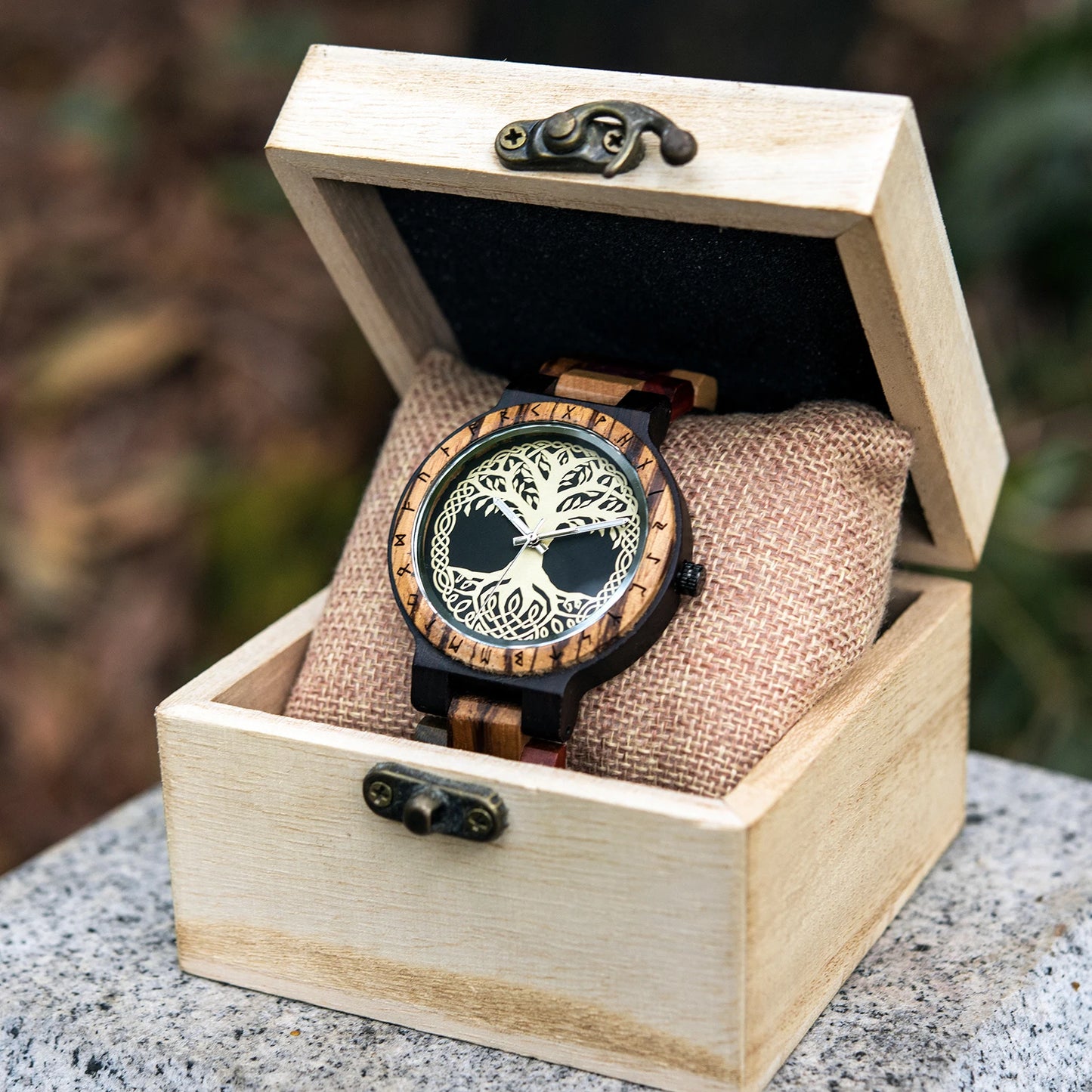 Men's Handmade Wooden Wristwatch - Viking Style Carved Round Face - Quartz Movement