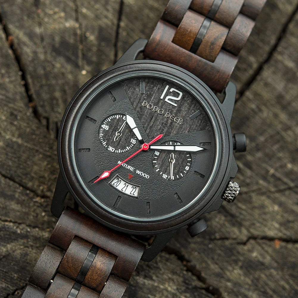 Men’s Classic Fashion Ebony Wooden Quartz Movement Wristwatch - Auto Date Calendar Display