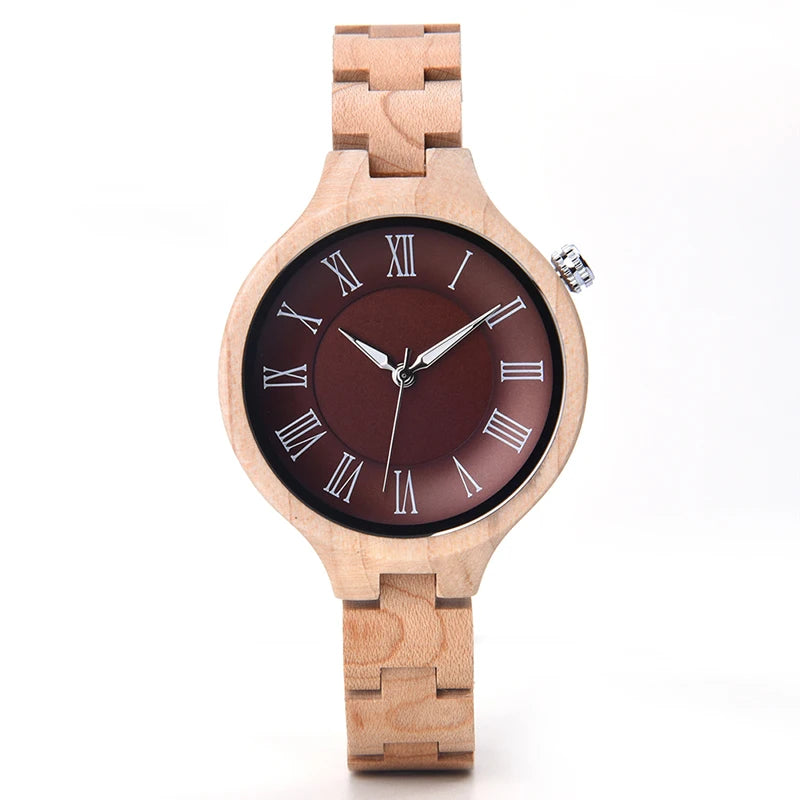 Women's Wooden Fashion Watch - Classic Retro Analog Display With Tound Face And Quartz Movement