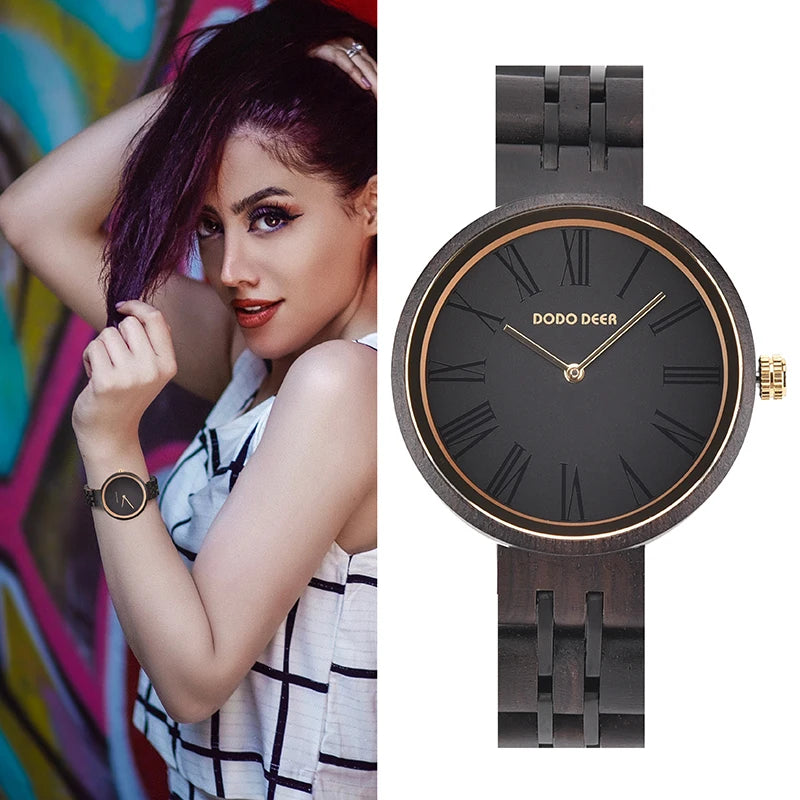 Fashion Ebony Wooden Watch For Women - Round Analog Face With Roman Numerals