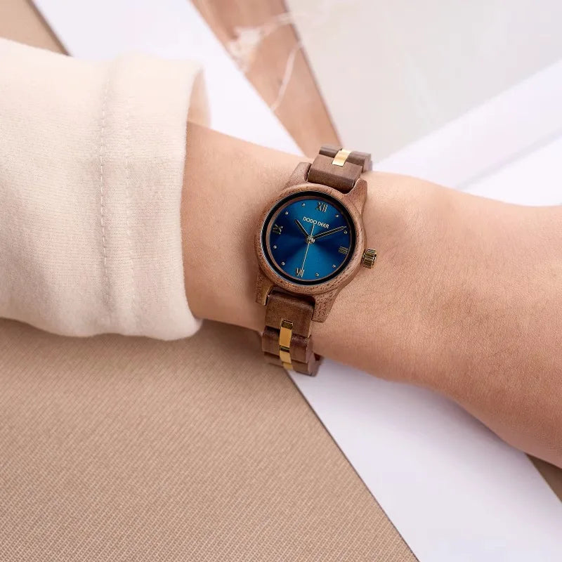 Women’s Wooden Fashion Watch - Blue Analog Face With Roman Numerals And Gold Tone