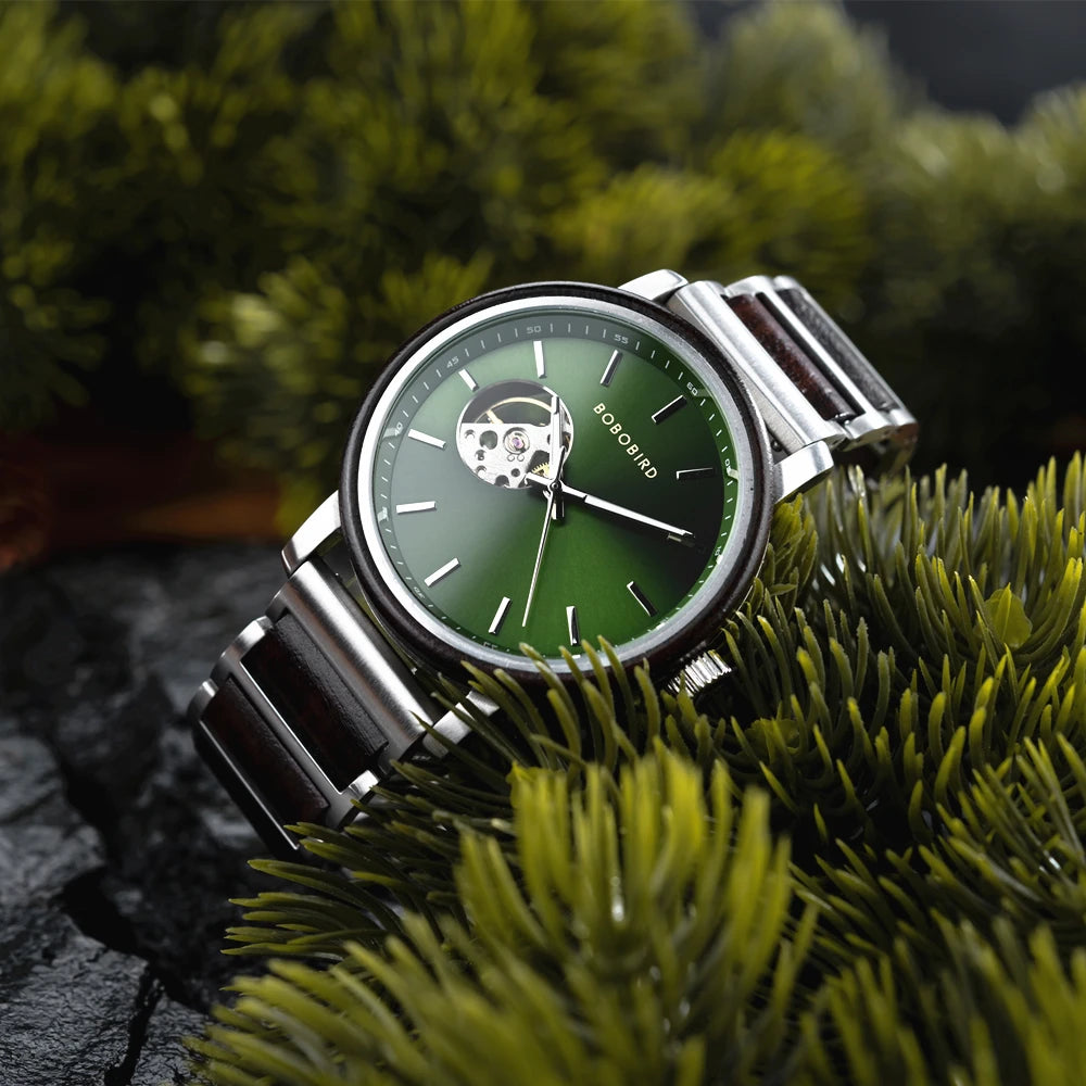 Men's Automatic Watch - Wood & Stainless Steel Combined - Mechanical Movement Self-Winding Wristwatch