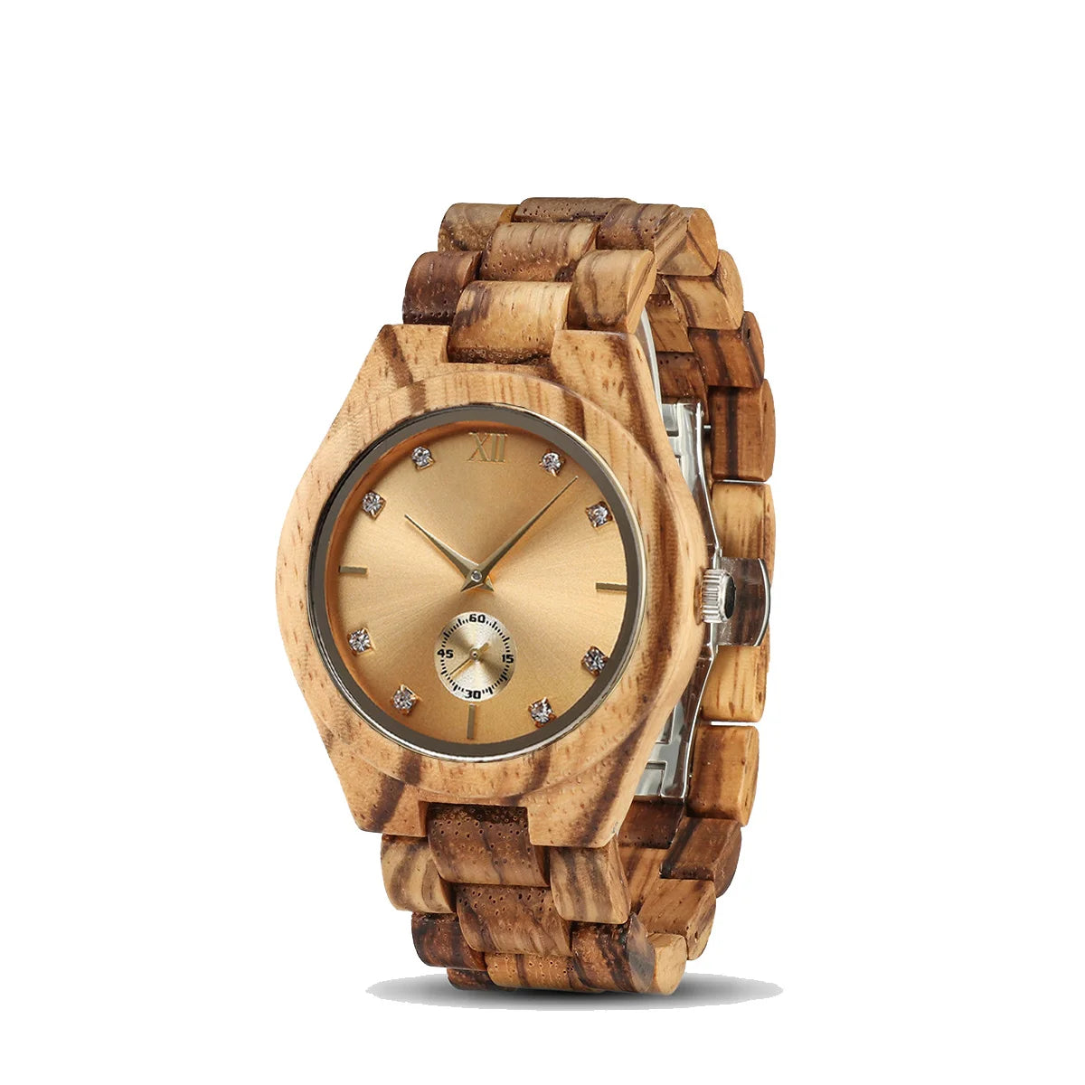Women’s Wooden Watch With Decorative Rhinestones - Natural Wood Dial And Bracelet Wristwatch For Ladies