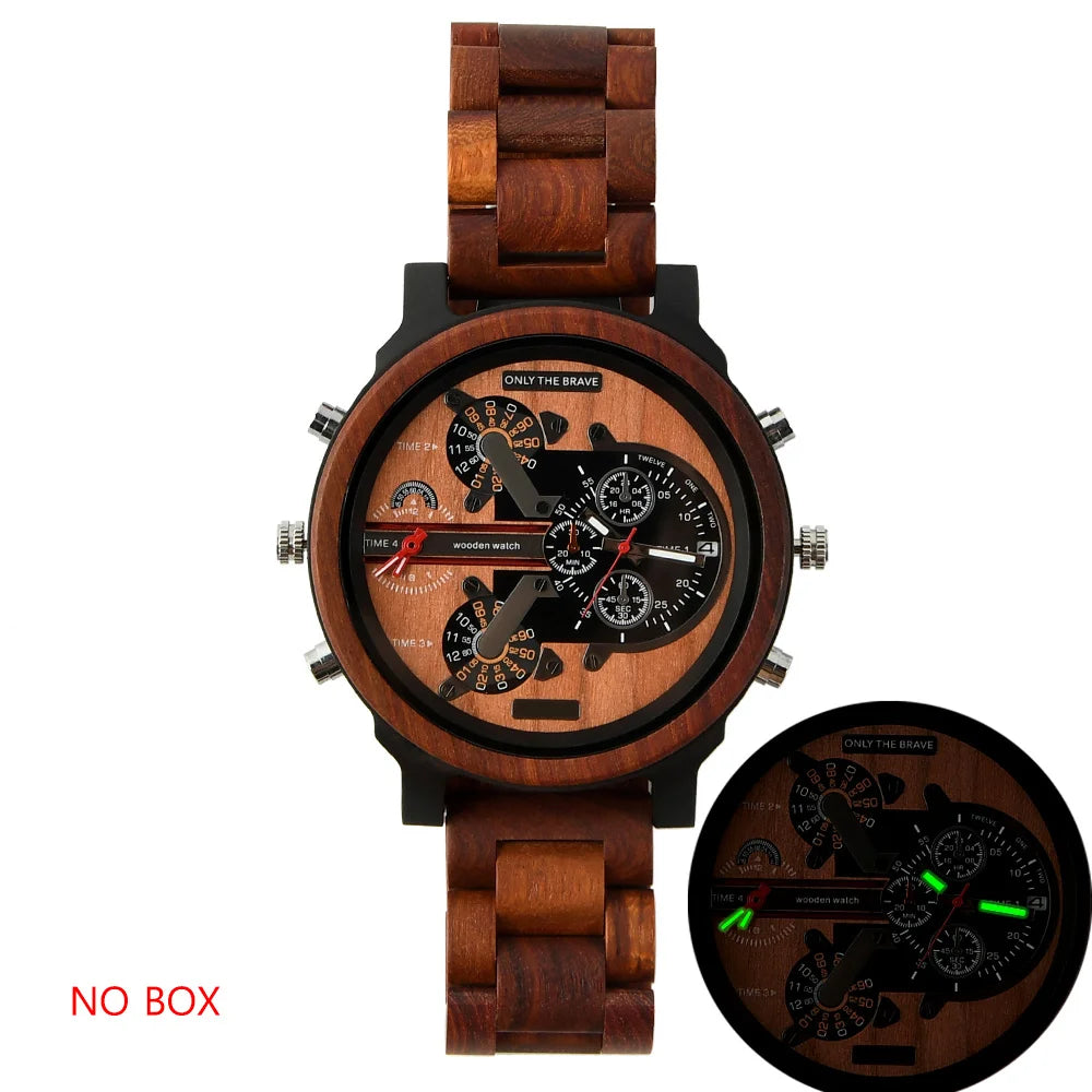Men's Large Chronographic Dial Wooden Watch - Sports Style With Luminous Hands And Quartz Movement